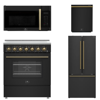 FORNO Paolo Package - 30" Electric Range, Over-The-Range Microwave, 30" Refrigerator with Ice Maker and Dishwasher in Black with Antique Brass Accents, AP4-6011BLK-A13