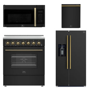 FORNO Paolo Package - 30" Electric Range, Over-The-Range Microwave, 36" Refrigerator with Water Dispenser/Ice Maker and Dishwasher in Black with Antique Brass Accents, AP4-6011BLK-A14