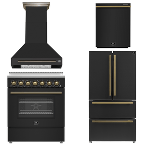 FORNO Paolo Package - 30" Electric Range, Wall Mount Range Hood, 36" Refrigerator with Ice Maker and Dishwasher in Black with Antique Brass Accents, AP4-6011BLK-A15