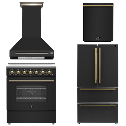 FORNO Paolo Package - 30" Electric Range, Wall Mount Range Hood, 36" Refrigerator with Ice Maker and Dishwasher in Black with Antique Brass Accents, AP4-6011BLK-A15