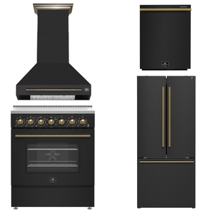 FORNO Paolo Package - 30" Electric Range, Wall Mount Range Hood, 30" Refrigerator and Dishwasher in Black with Antique Brass Accents, AP4-6011BLK-A16