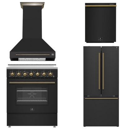 FORNO Paolo Package - 30" Electric Range, Wall Mount Range Hood, 30" Refrigerator and Dishwasher in Black with Antique Brass Accents, AP4-6011BLK-A16