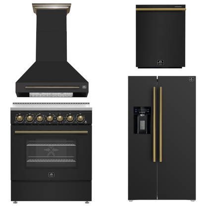 FORNO Paolo Package - 30" Electric Range, Wall Mount Range Hood, 36" Refrigerator with Water and Ice Dispenser and Dishwasher in Black with Antique Brass Accents, AP4-6011BLK-A17