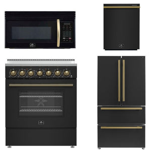 FORNO Paolo Package - 30" Electric Range, Over-The-Range Microwave, 36" Refrigerator with Ice Maker and Dishwasher in Black with Antique Brass Accents, AP4-6011BLK-A9
