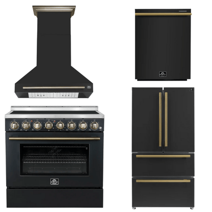 FORNO Appliance Package - 36" Electric Range, Range Hood, 36" Refrigerator, Dishwasher in Black with Antique Brass Accents
