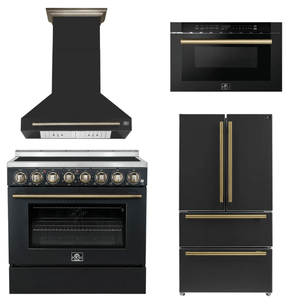 FORNO Appliance Package - 36" Electric Range, Range Hood, 36" Refrigerator, Microwave in Black with Antique Brass Accents