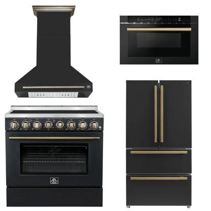 FORNO Appliance Package - 36" Electric Range, Range Hood, 36" Refrigerator, Microwave in Black with Antique Brass Accents