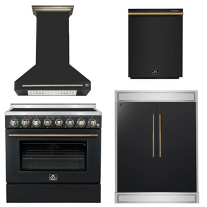 FORNO Appliance Package - 36" Electric Range, Range Hood, 60" Refrigerator, Dishwasher in Black with Antique Brass Accents