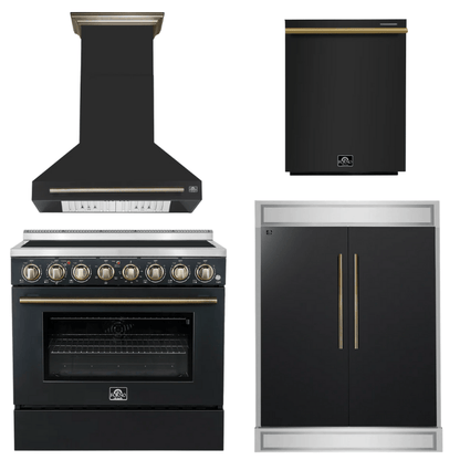 FORNO Appliance Package - 36" Electric Range, Range Hood, 60" Refrigerator, Dishwasher in Black with Antique Brass Accents