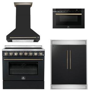 FORNO Appliance Package - 36" Electric Range, Range Hood, 60" Refrigerator, Microwave in Black with Antique Brass Accents
