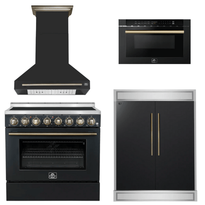 FORNO Appliance Package - 36" Electric Range, Range Hood, 60" Refrigerator, Microwave in Black with Antique Brass Accents