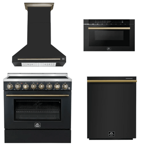 FORNO Appliance Package - 36" Electric Range, Range Hood, Dishwasher, Microwave in Black with Antique Brass Accents