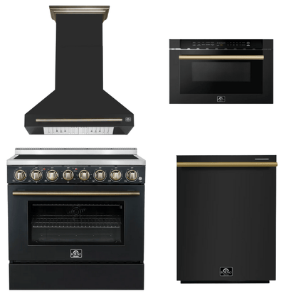 FORNO Appliance Package - 36" Electric Range, Range Hood, Dishwasher, Microwave in Black with Antique Brass Accents