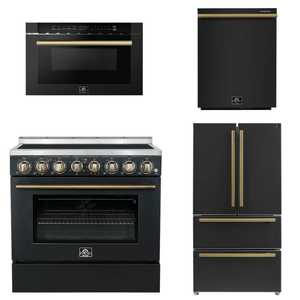 FORNO Appliance Package - 36" Electric Range, 36" Refrigerator, Dishwasher, Microwave in Black with Antique Brass Accents