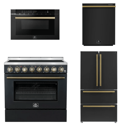 FORNO Appliance Package - 36" Electric Range, 36" Refrigerator, Dishwasher, Microwave in Black with Antique Brass Accents