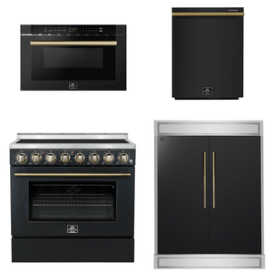 FORNO Appliance Package - 36" Electric Range, 60" Refrigerator, Dishwasher, Microwave in Black with Antique Brass Accents