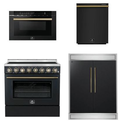 FORNO Appliance Package - 36" Electric Range, 60" Refrigerator, Dishwasher, Microwave in Black with Antique Brass Accents