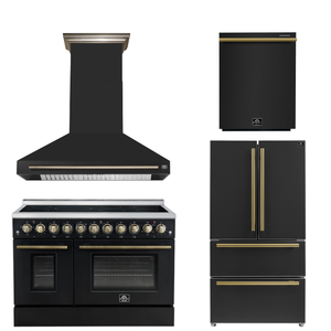 FORNO Appliance Package - 48" Electric Range, Range Hood, 36" Refrigerator, Dishwasher in Black with Antique Brass Accents