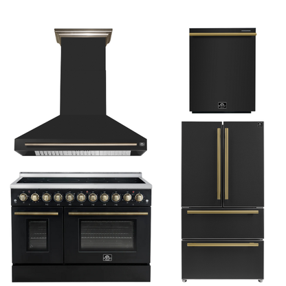 FORNO Appliance Package - 48" Electric Range, Range Hood, 36" Refrigerator, Dishwasher in Black with Antique Brass Accents