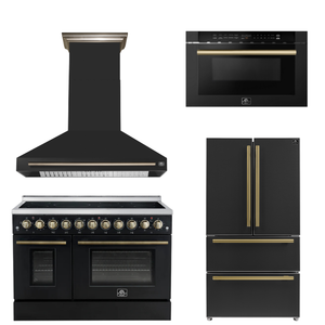 FORNO Appliance Package - 48" Electric Range, Range Hood, 36" Refrigerator, Microwave in Black with Antique Brass Accents