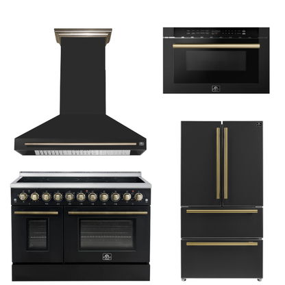 FORNO Appliance Package - 48" Electric Range, Range Hood, 36" Refrigerator, Microwave in Black with Antique Brass Accents