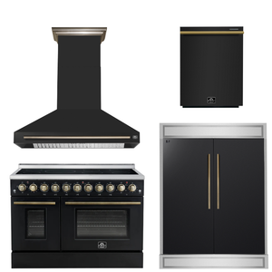 FORNO Appliance Package - 48" Electric Range, Range Hood, 60" Refrigerator, Dishwasher in Black with Antique Brass Accents