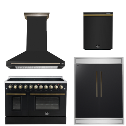 FORNO Appliance Package - 48" Electric Range, Range Hood, 60" Refrigerator, Dishwasher in Black with Antique Brass Accents