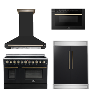 FORNO Appliance Package - 48" Electric Range, Range Hood, 60" Refrigerator, Microwave in Black with Antique Brass Accents