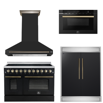 FORNO Appliance Package - 48" Electric Range, Range Hood, 60" Refrigerator, Microwave in Black with Antique Brass Accents