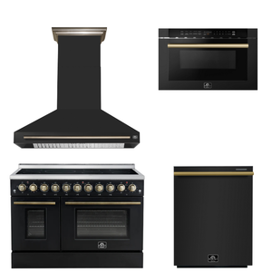 FORNO Appliance Package - 48" Electric Range, Range Hood, Dishwasher, Microwave in Black with Antique Brass Accents