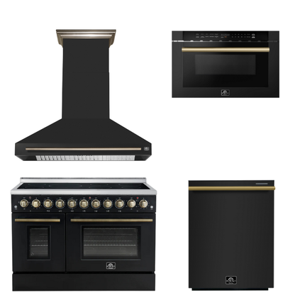 FORNO Appliance Package - 48" Electric Range, Range Hood, Dishwasher, Microwave in Black with Antique Brass Accents