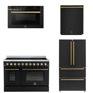 FORNO Appliance Package - 48" Electric Range, 36" Refrigerator, Dishwasher, Microwave in Black with Antique Brass Accents