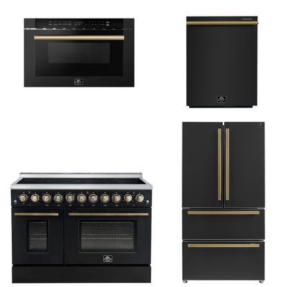 FORNO Appliance Package - 48" Electric Range, 36" Refrigerator, Dishwasher, Microwave in Black with Antique Brass Accents
