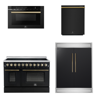 FORNO Appliance Package - 48" Electric Range, 60" Refrigerator, Dishwasher, Microwave in Black with Antique Brass Accents