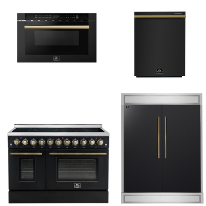 FORNO Appliance Package - 48" Electric Range, 60" Refrigerator, Dishwasher, Microwave in Black with Antique Brass Accents