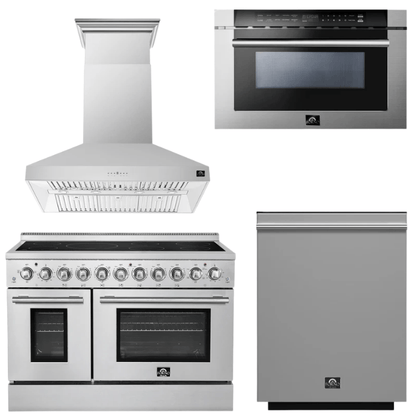 FORNO Appliance Package - 48" Electric Range, Range Hood, Dishwasher and 24" Microwave Drawer