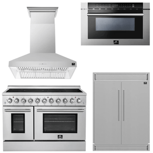 FORNO Appliance Package - 48" Electric Range, Range Hood, 60" Refrigerator and 24" Microwave Drawer