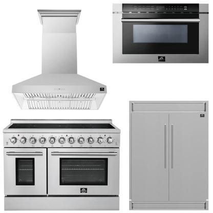 FORNO Appliance Package - 48" Electric Range, Range Hood, 60" Refrigerator and 24" Microwave Drawer