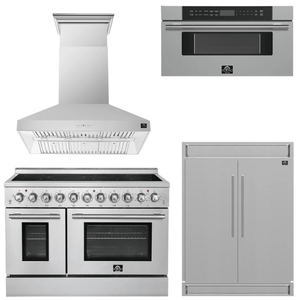 FORNO Appliance Package - 48" Electric Range, Range Hood, 60" Refrigerator and 30" Microwave Drawer