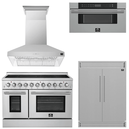 FORNO Appliance Package - 48" Electric Range, Range Hood, 60" Refrigerator and 30" Microwave Drawer