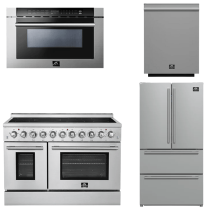 FORNO Appliance Package - 48" Electric Range, 36" Refrigerator, Dishwasher, 24" Microwave Drawer