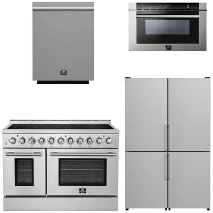 FORNO Appliance Package - 48" Electric Range, 48" Refrigerator, Dishwasher, 24" Microwave Drawer