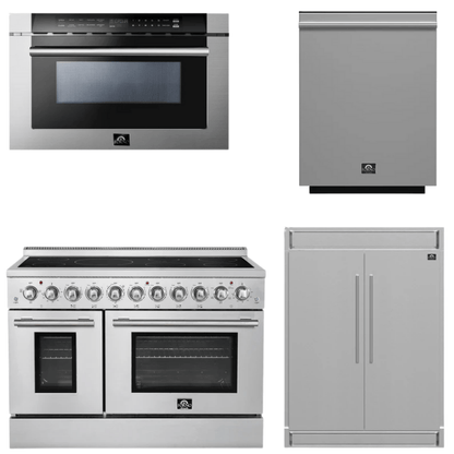 FORNO Appliance Package - 48" Electric Range, 60" Refrigerator, Dishwasher, 24" Microwave Drawer