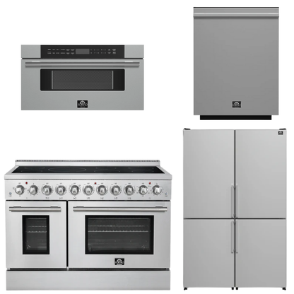 FORNO Appliance Package - 48" Electric Range, 48" Refrigerator, Dishwasher, 30" Microwave Drawer