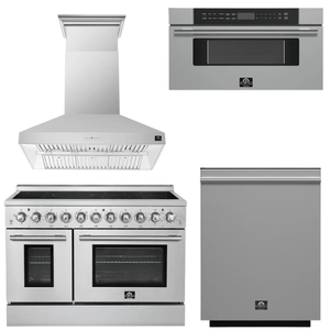 FORNO Appliance Package - 48" Electric Range, Range Hood, Dishwasher and 30" Microwave Drawer