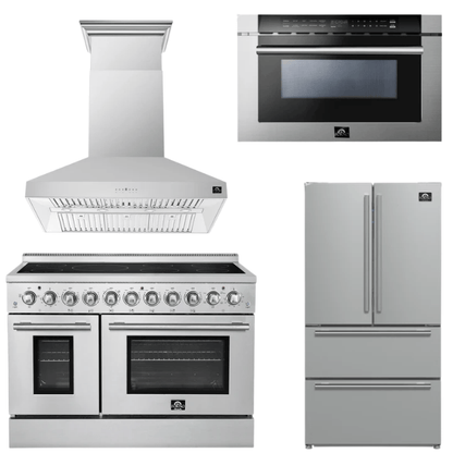 FORNO Appliance Package - 48" Electric Range, Range Hood, 36" Refrigerator and 24" Microwave Drawer