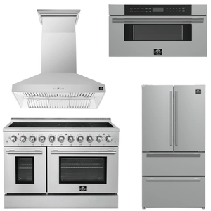 FORNO Appliance Package - 48" Electric Range, Range Hood, 36" Refrigerator and 30" Microwave Drawer