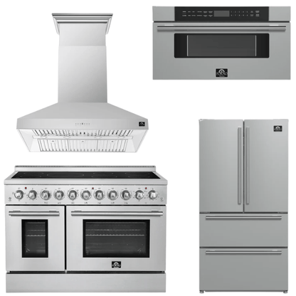 FORNO Appliance Package - 48" Electric Range, Range Hood, 36" Refrigerator and 30" Microwave Drawer