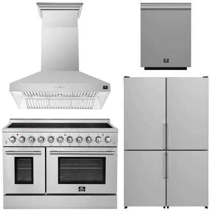FORNO Appliance Package - 48" Electric Range, Range Hood, 48" Refrigerator and Dishwasher
