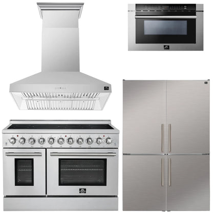 FORNO Appliance Package - 48" Electric Range, Range Hood, 48" Refrigerator and 24" Microwave Drawer